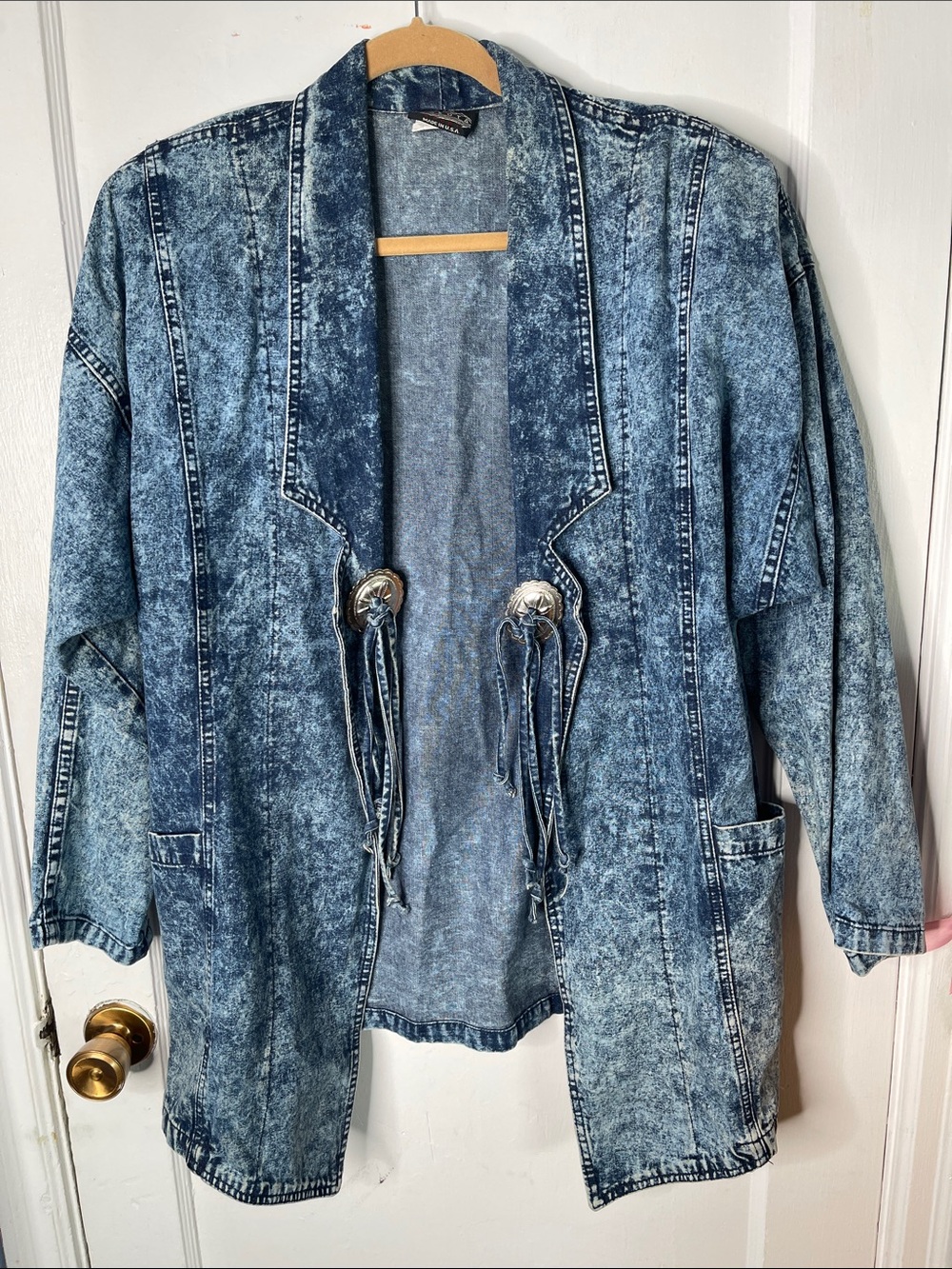 Vintage Acid Wash Denim Jacket Dakota Sport USA XL Blazer Open Front Longer Leng